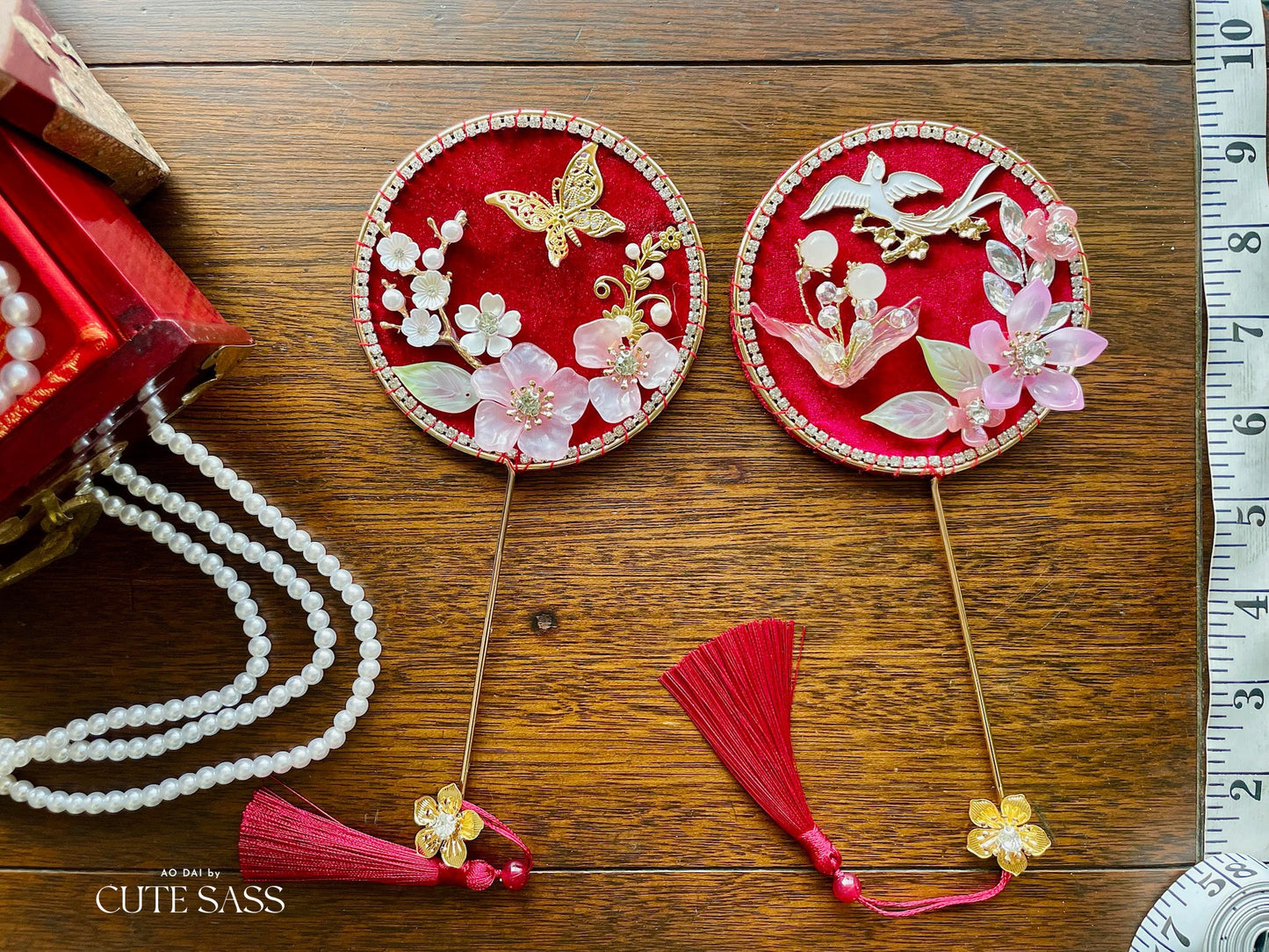 LUNA FLORA Red Velvet Garden Mini Fan Hac #2 #4| Ao Dai and Wedding Accessories | Gold Accessory Fan