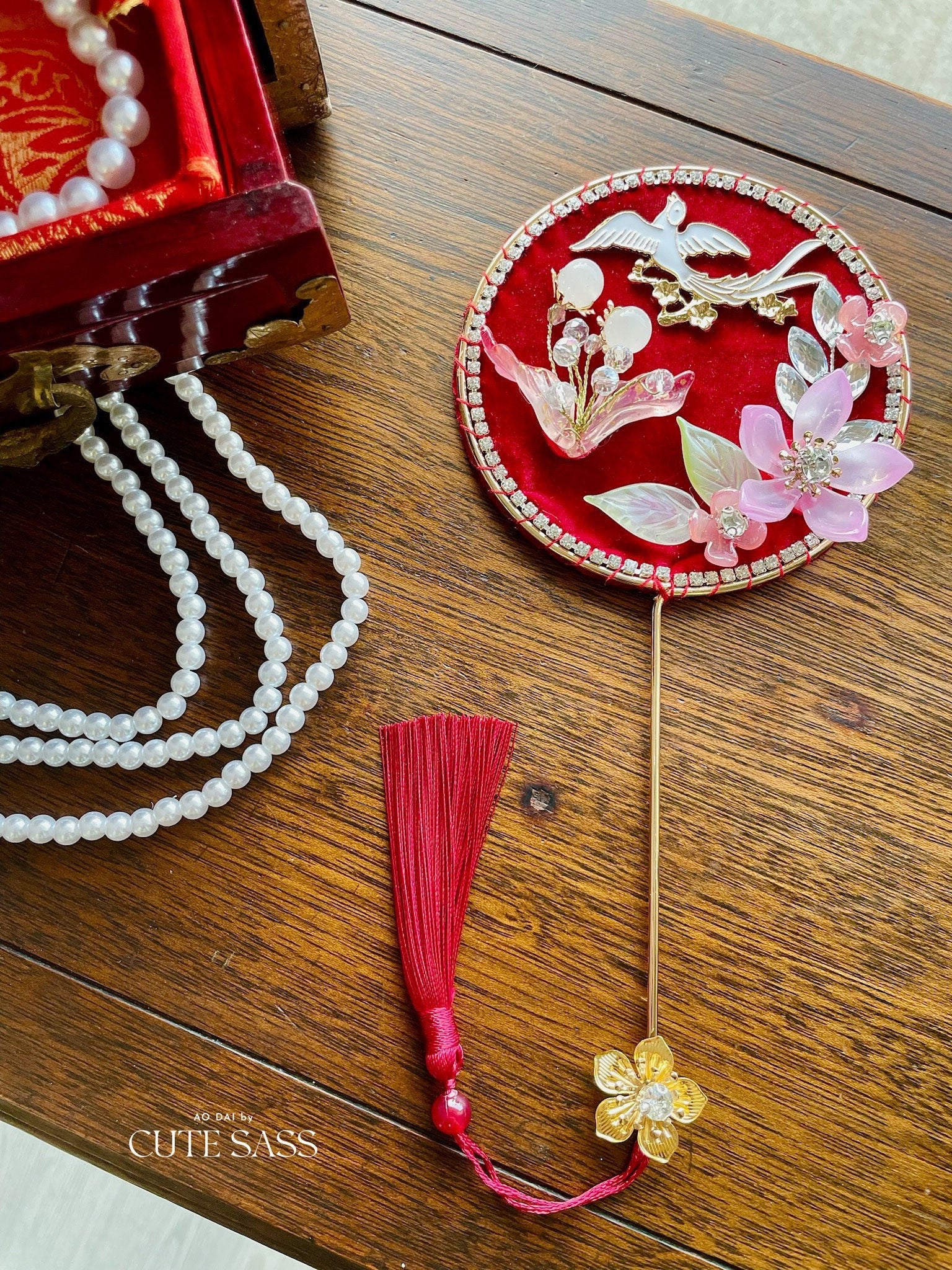 LUNA FLORA Red Velvet Garden Mini Fan Hac #2 #4| Ao Dai and Wedding Accessories | Gold Accessory Fan