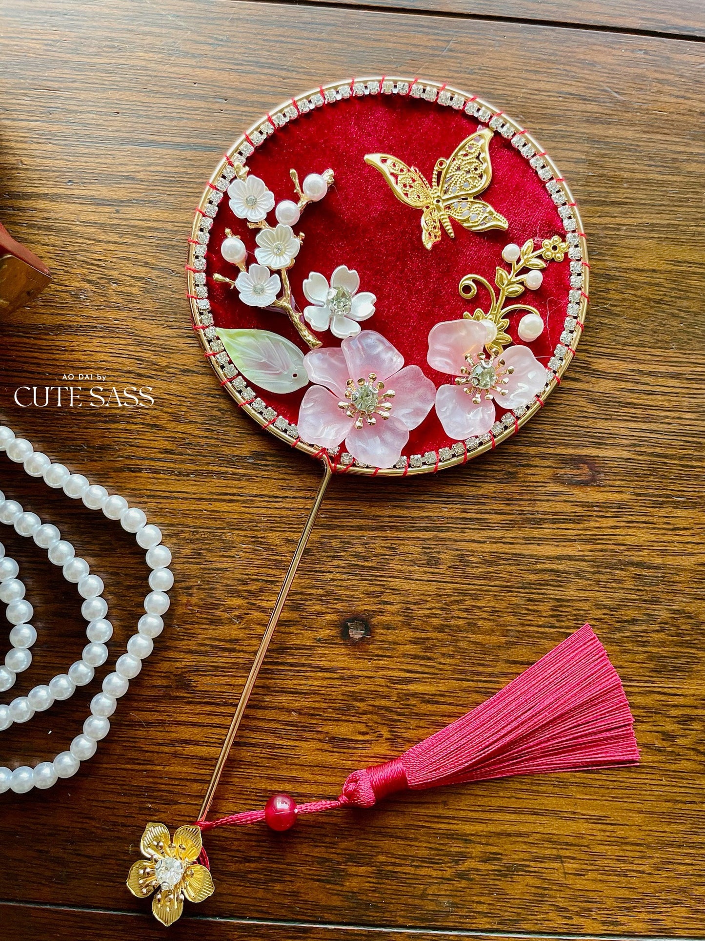 LUNA FLORA Red Velvet Garden Mini Fan Hac #2 #4| Ao Dai and Wedding Accessories | Gold Accessory Fan