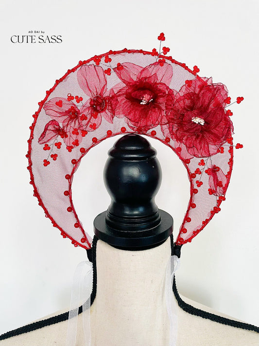 LUNA FLORA Maroon Peony Feather Head Piece #4 | Vietnamese Ao Dai Accessories | Wedding Ao Dai | Bridal Ao Dai| Tet Lunar New Year Headband