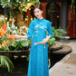 Prussian Blue Mai Embroidery Gấm Ao Dai Set w/ Hot Pink Gấm Pants