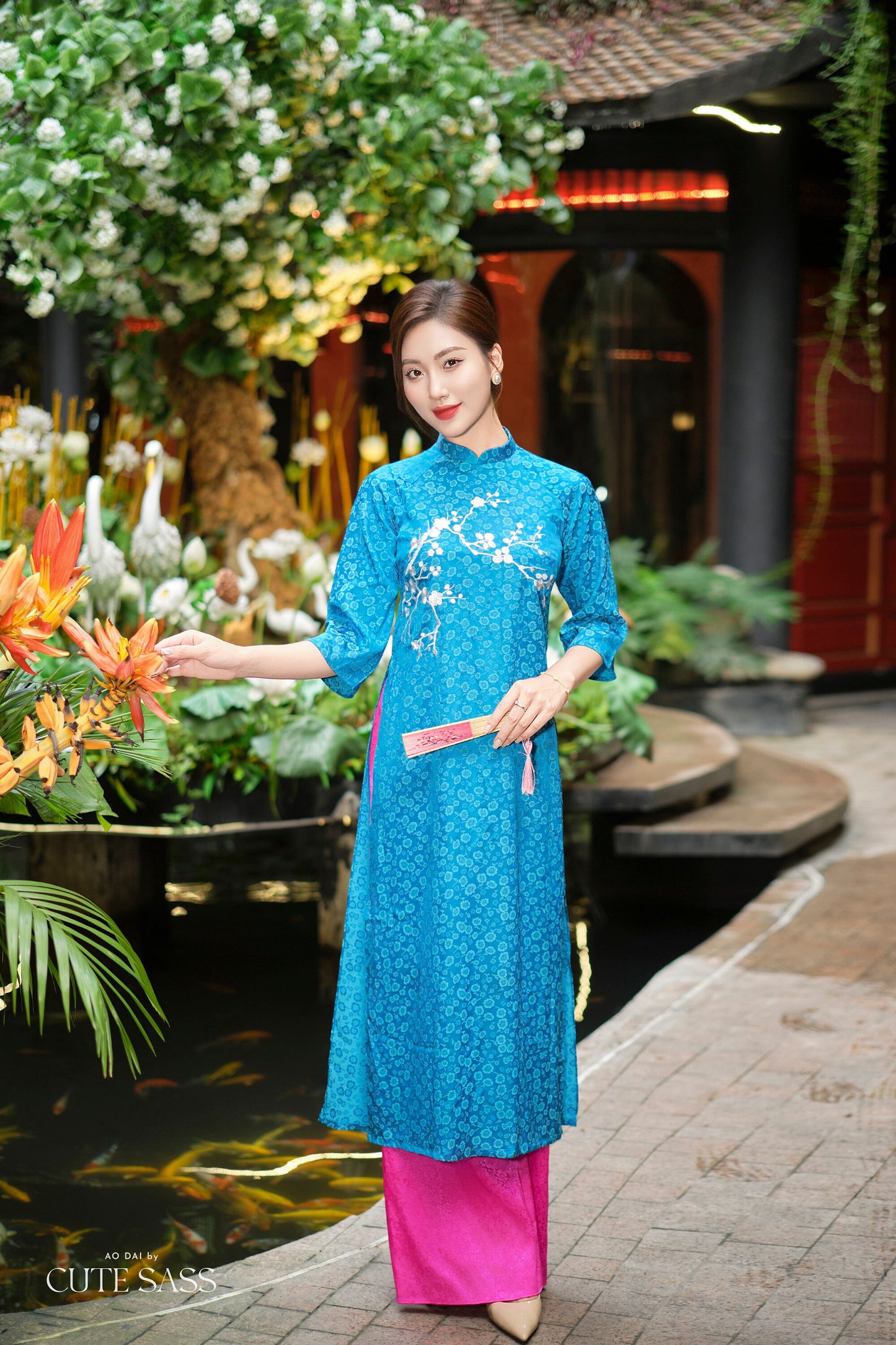 Prussian Blue Mai Embroidery Gấm Ao Dai Set w/ Hot Pink Gấm Pants