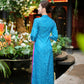 Prussian Blue Mai Embroidery Gấm Ao Dai Set w/ Hot Pink Gấm Pants