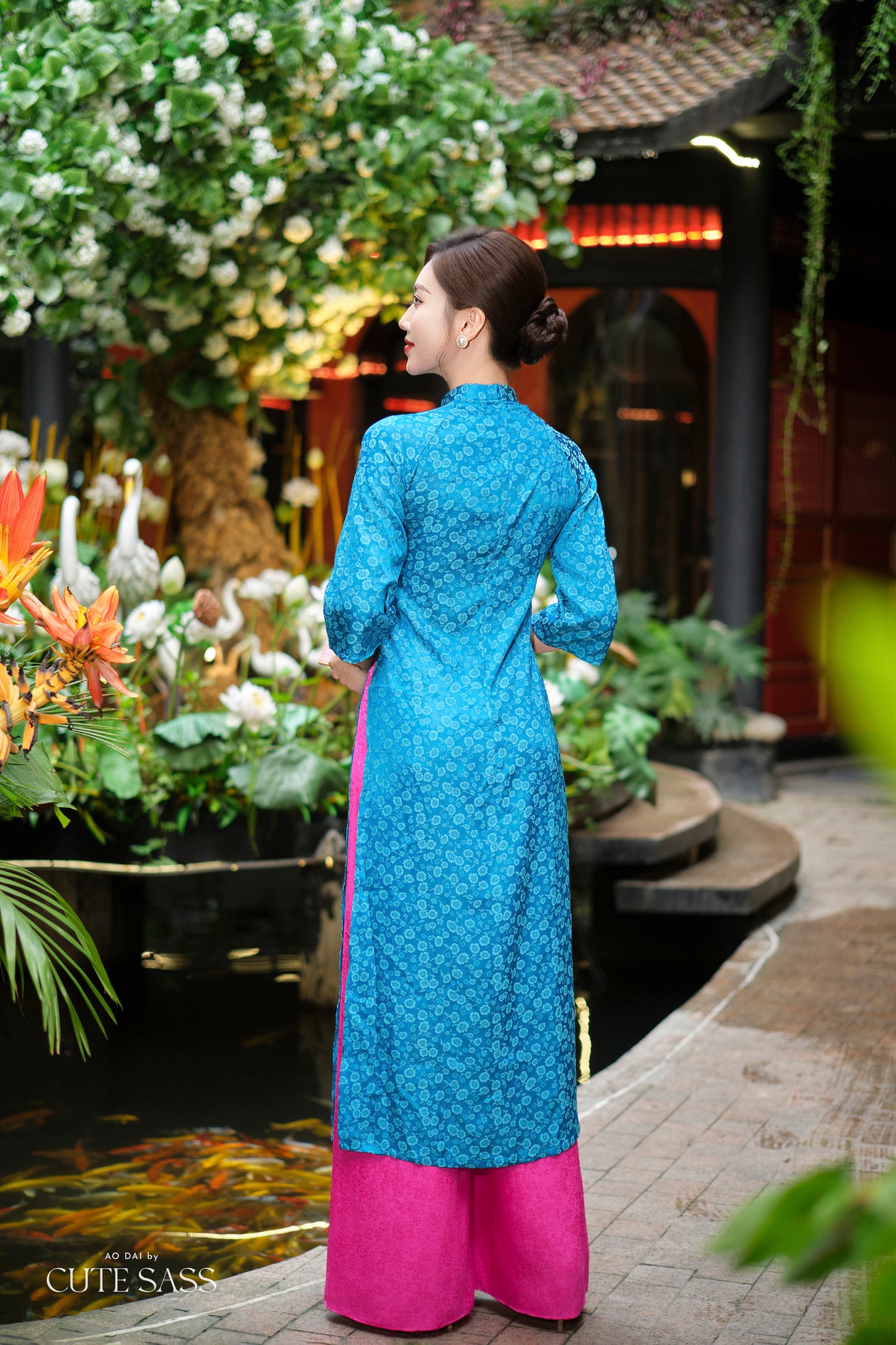 Prussian Blue Mai Embroidery Gấm Ao Dai Set w/ Hot Pink Gấm Pants