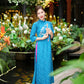 Prussian Blue Mai Embroidery Gấm Ao Dai Set w/ Hot Pink Gấm Pants