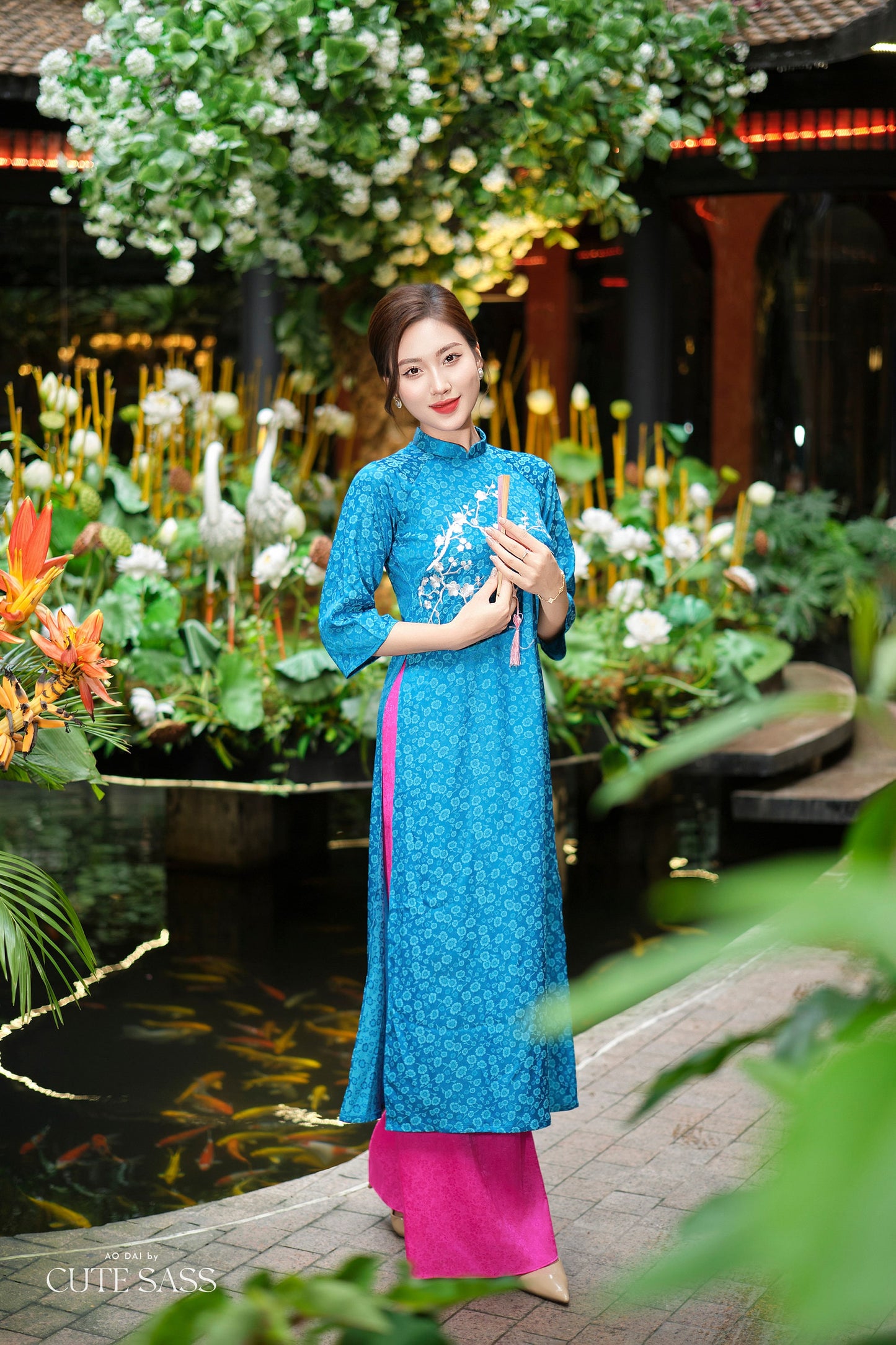 Prussian Blue Mai Embroidery Gấm Ao Dai Set w/ Hot Pink Gấm Pants