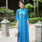 Prussian Blue Mai Embroidery Gấm Ao Dai Set w/ Hot Pink Gấm Pants