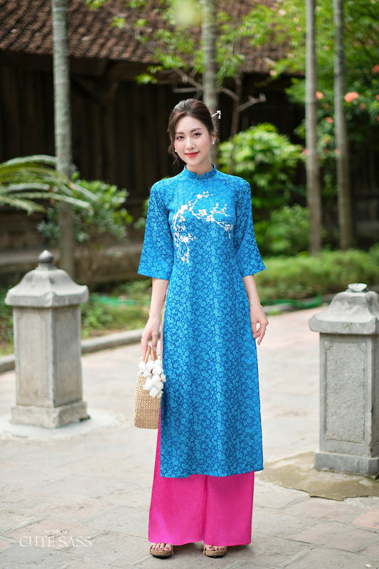 Prussian Blue Mai Embroidery Gấm Ao Dai Set w/ Hot Pink Gấm Pants