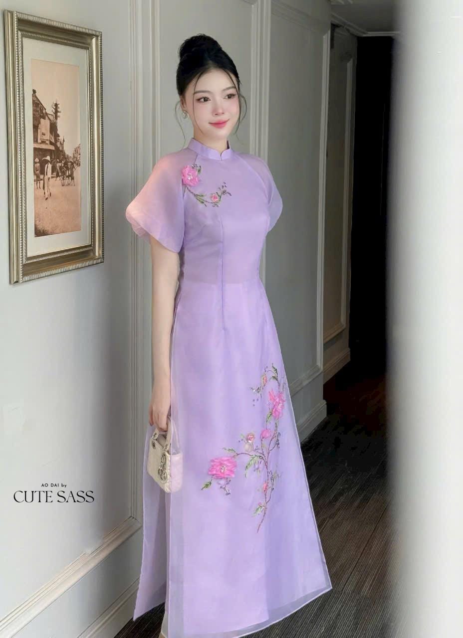 Purple Short Sleeves 3D Branches Ao Dai Set | Pre-made Modernized Vietnamese Ao Dai | Ao Dai Viet Nam | Lunar New Year | Ao Dai Cach Tan|25D