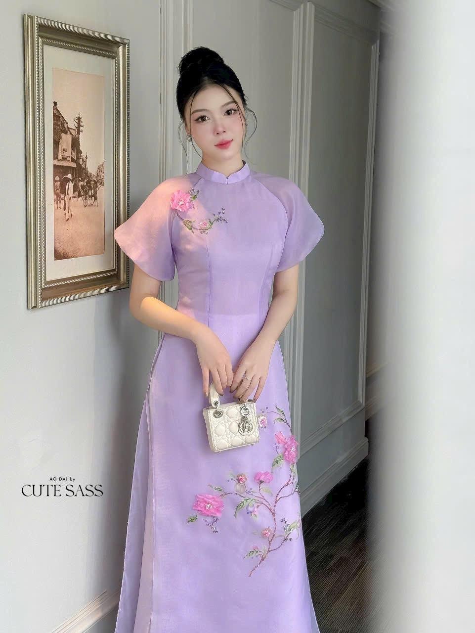 Purple Short Sleeves 3D Branches Ao Dai Set | Pre-made Modernized Vietnamese Ao Dai | Ao Dai Viet Nam | Lunar New Year | Ao Dai Cach Tan|25D