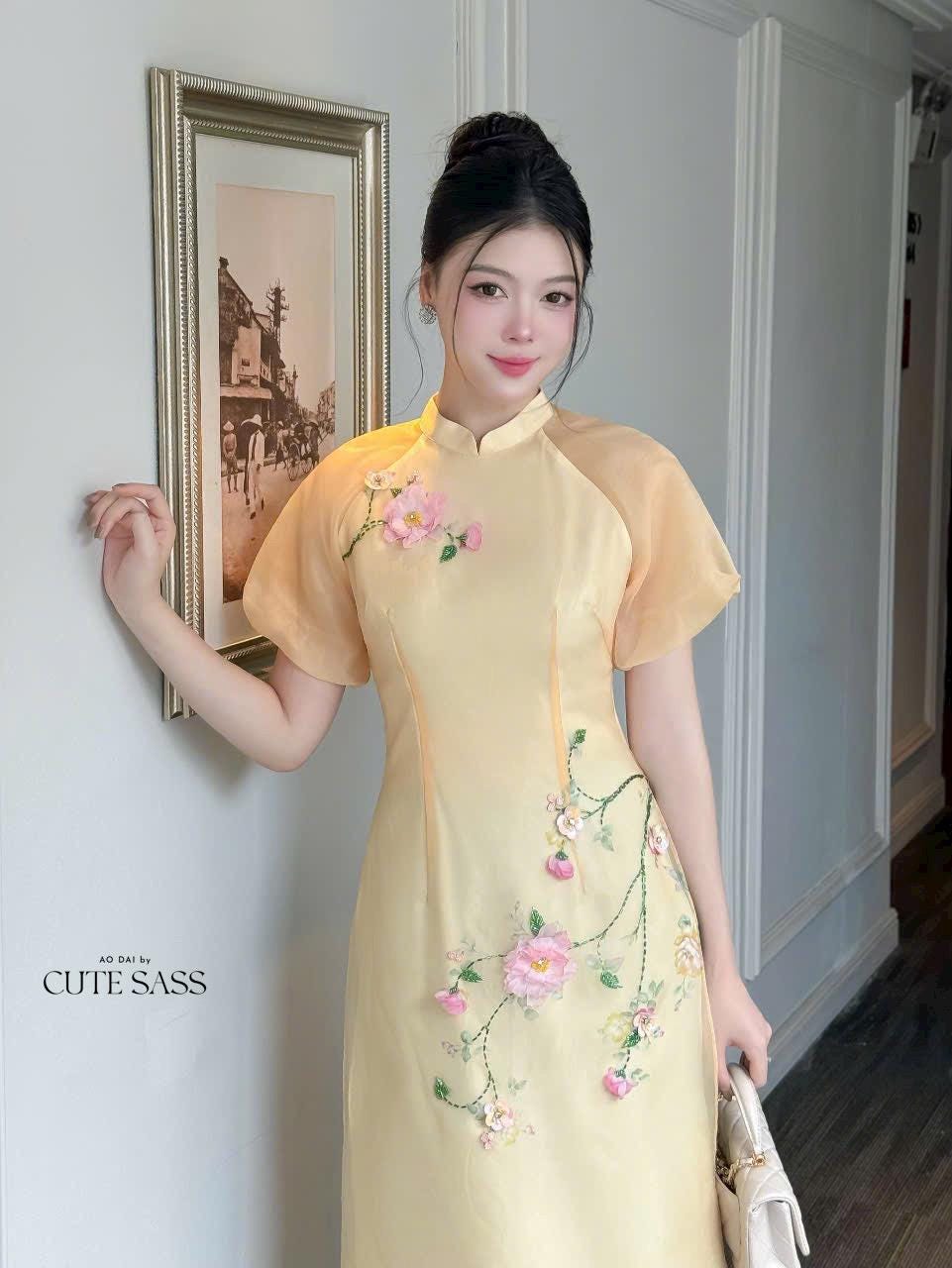 Yellow Short Sleeves 3D Branches Ao Dai Set 26C| Pre-made Modernized Vietnamese Ao Dai | Ao Dai Viet Nam | Lunar New Year | Ao Dai Cach Tan