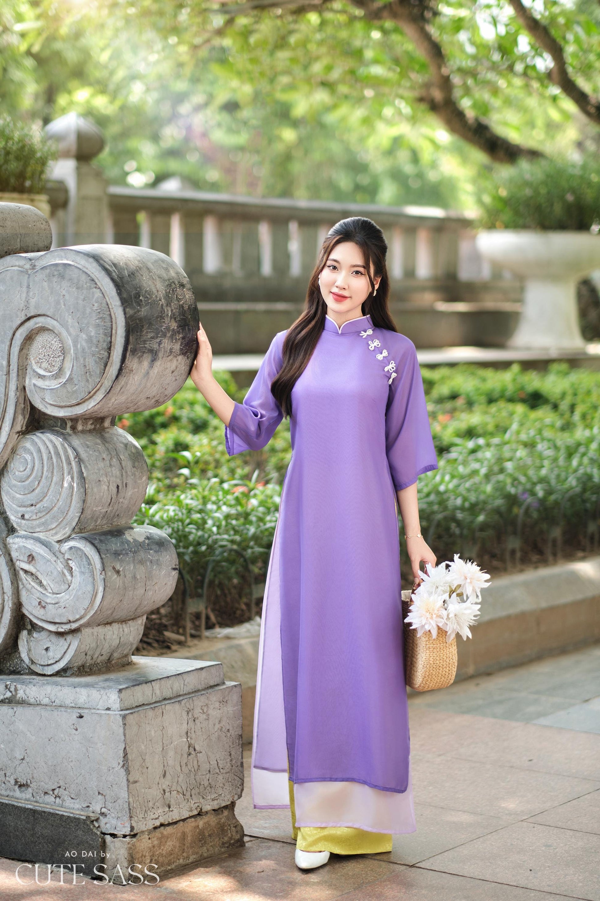 Purple Chiffon Pearl Bows Ao Dai Top Set with Lime Gam Pants| Pre-made Modernized Viet Ao Dai| Pastel Ao Dai | Lunar New Year|40D