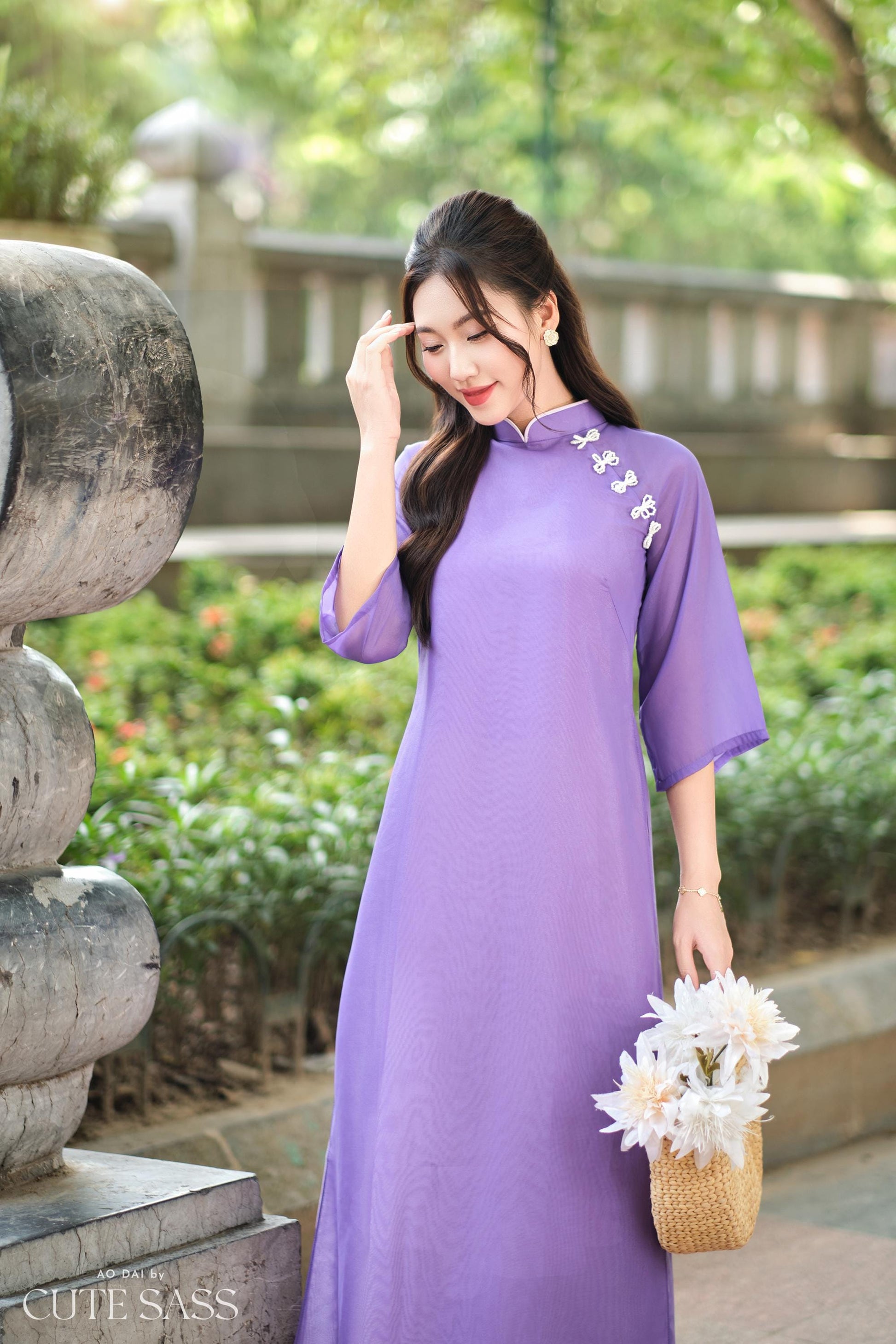 Purple Chiffon Pearl Bows Ao Dai Top Set with Lime Gam Pants| Pre-made Modernized Viet Ao Dai| Pastel Ao Dai | Lunar New Year|40D