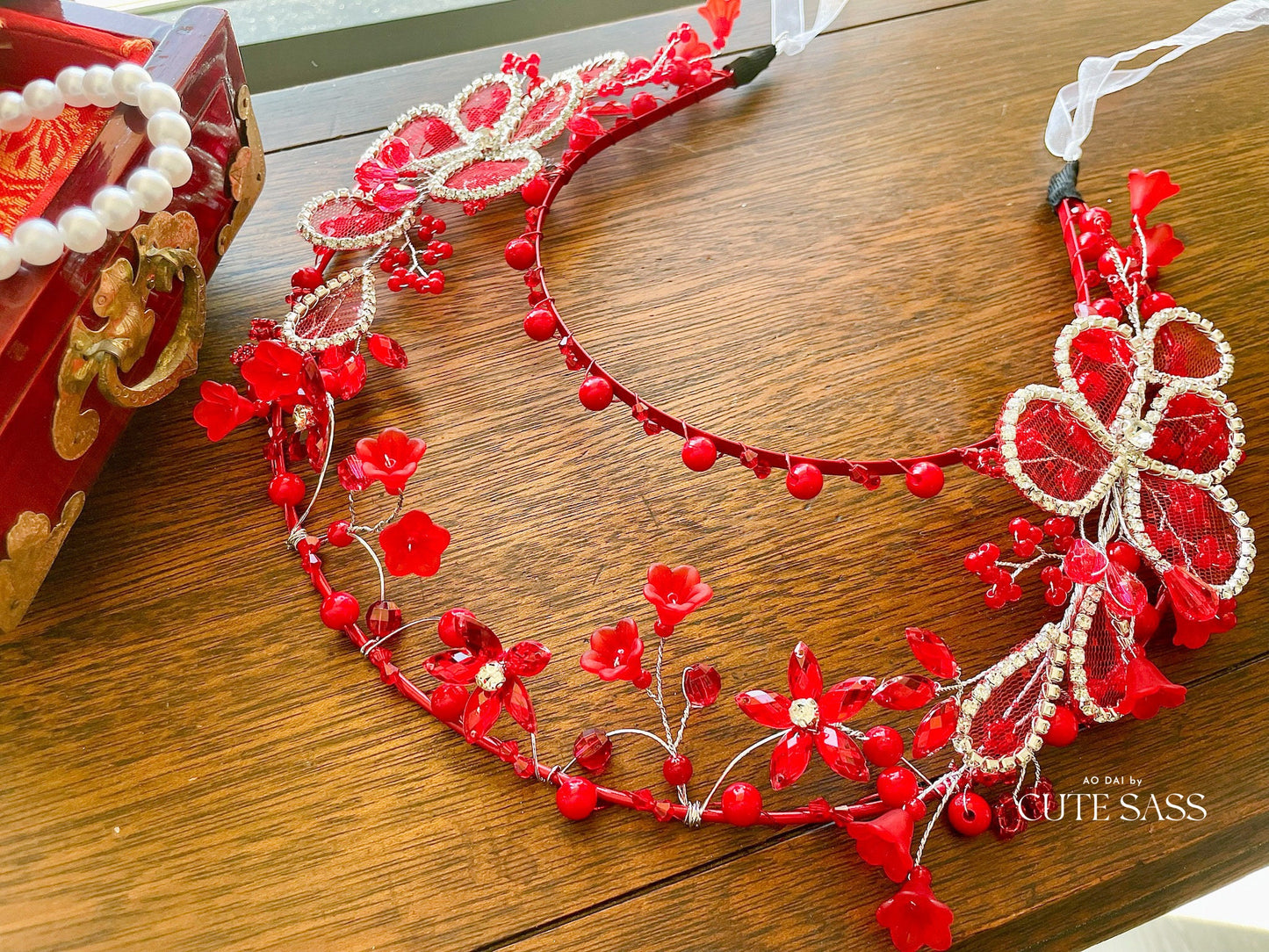 LUNA FLORA Red Jeweled Butterflies Head Piece #2| Vietnamese Ao Dai Accessories| Wedding Ao Dai | Bridal Ao Dai| Tet Lunar New Year Headband