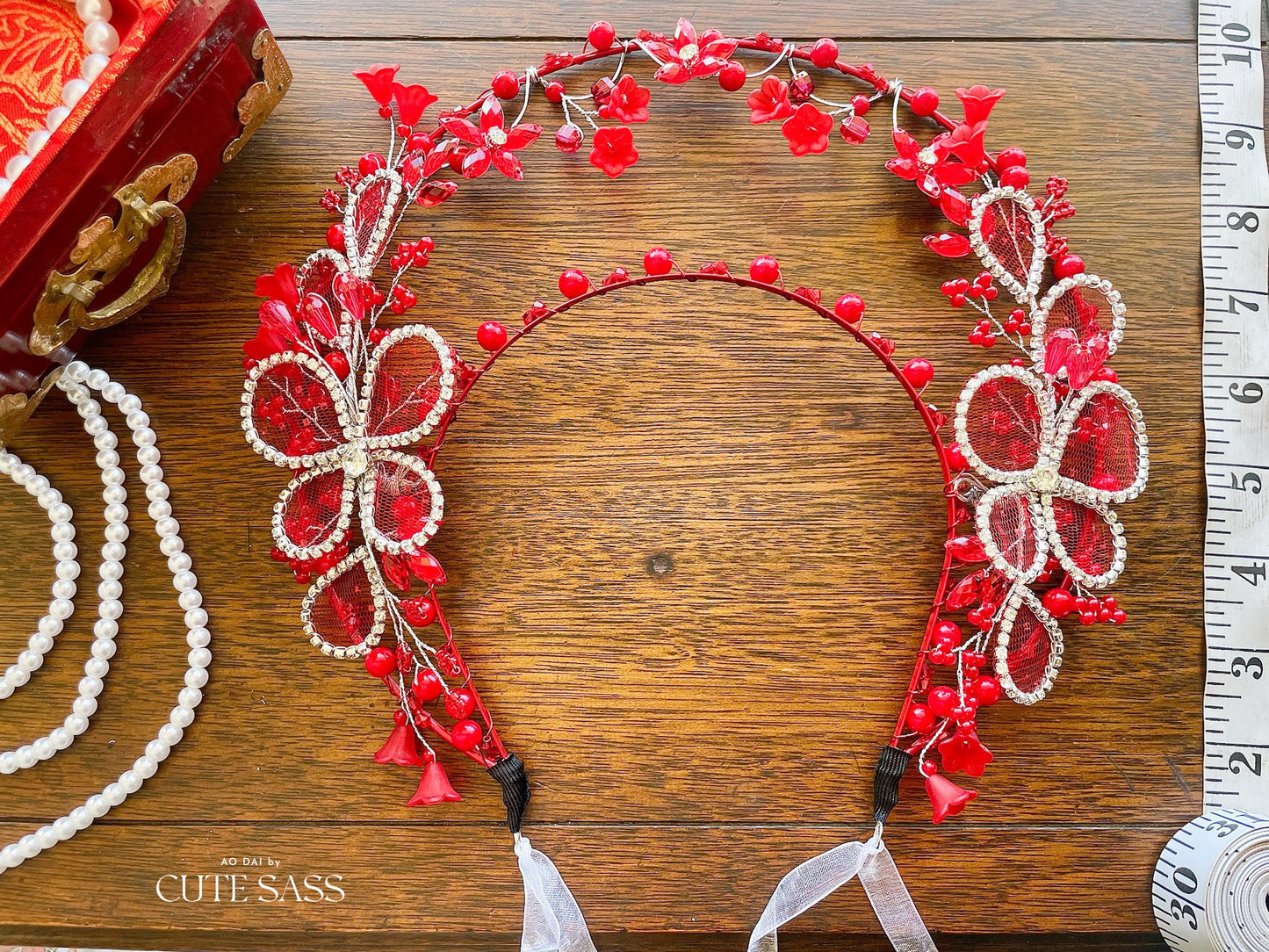 LUNA FLORA Red Jeweled Butterflies Head Piece #2| Vietnamese Ao Dai Accessories| Wedding Ao Dai | Bridal Ao Dai| Tet Lunar New Year Headband