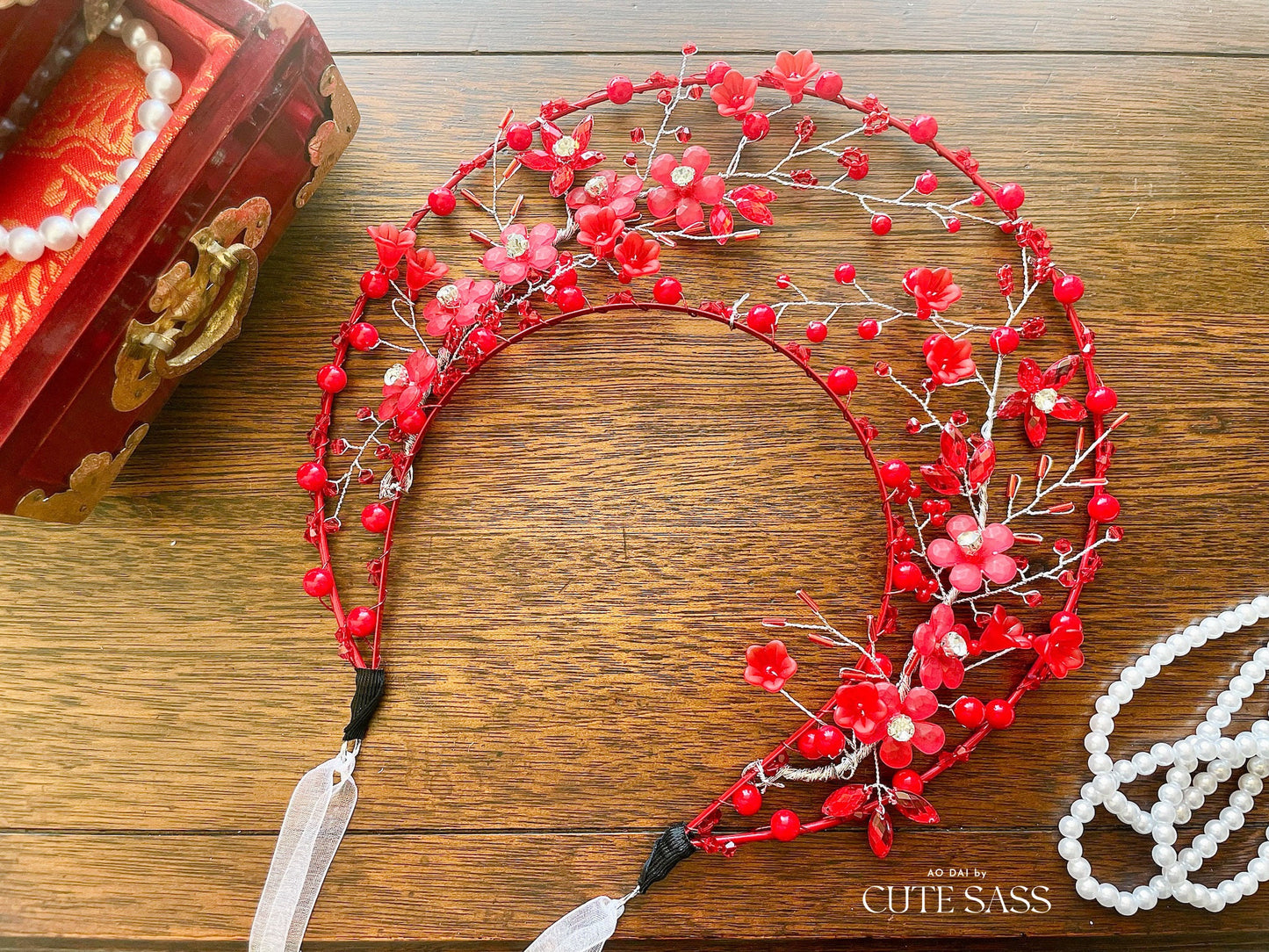 LUNA FLORA Red Sakura Garden Head Piece #3 | Vietnamese Ao Dai Accessories | Wedding Ao Dai | Bridal Ao Dai| Tet Lunar New Year Headband