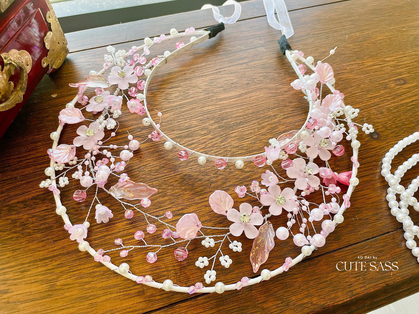 LUNA FLORA Pink Sakura Garden Head Piece #3 | Vietnamese Ao Dai Accessories | Wedding Ao Dai | Bridal Ao Dai| Tet Lunar New Year Headband