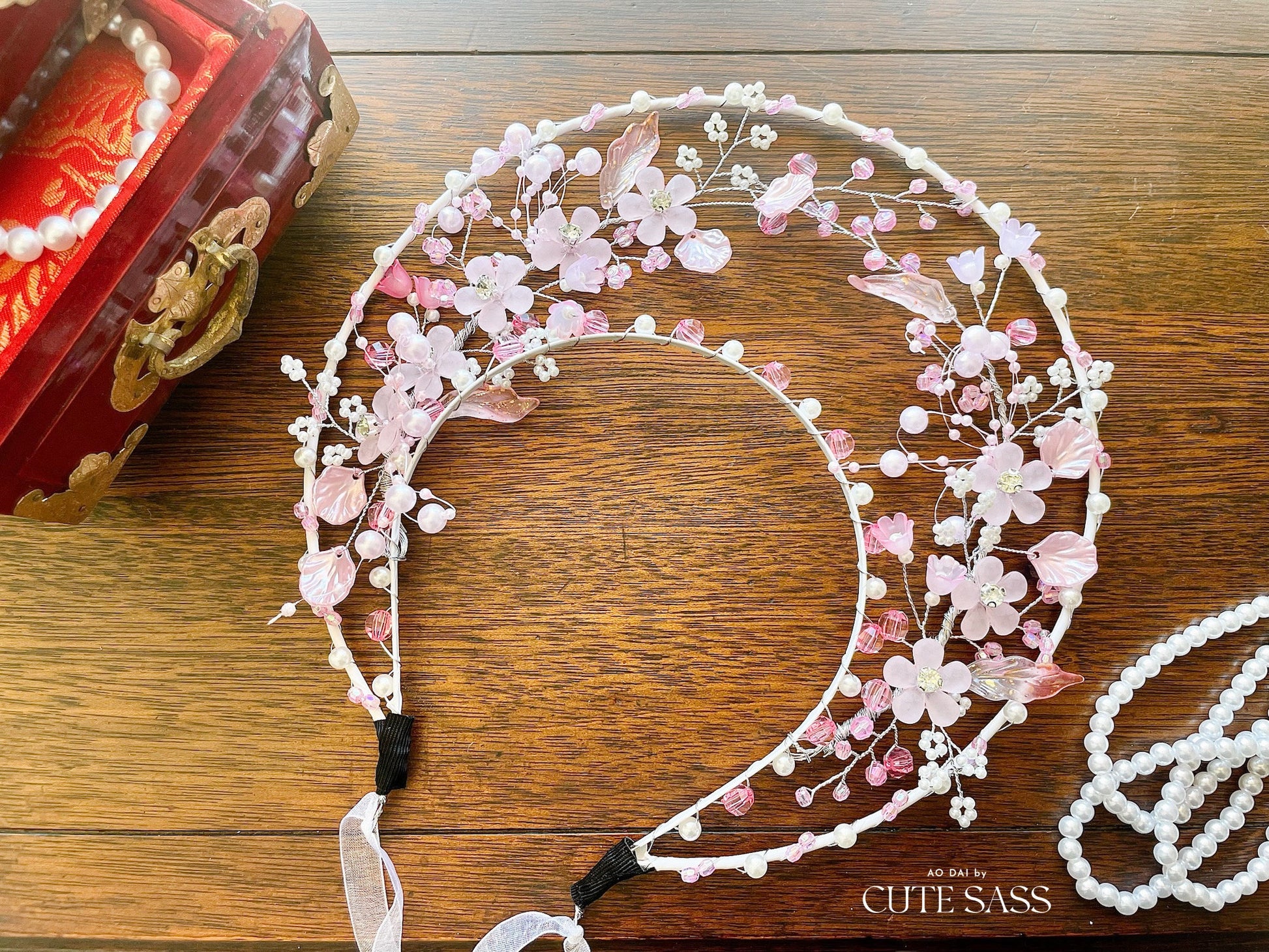 LUNA FLORA Pink Sakura Garden Head Piece #3 | Vietnamese Ao Dai Accessories | Wedding Ao Dai | Bridal Ao Dai| Tet Lunar New Year Headband