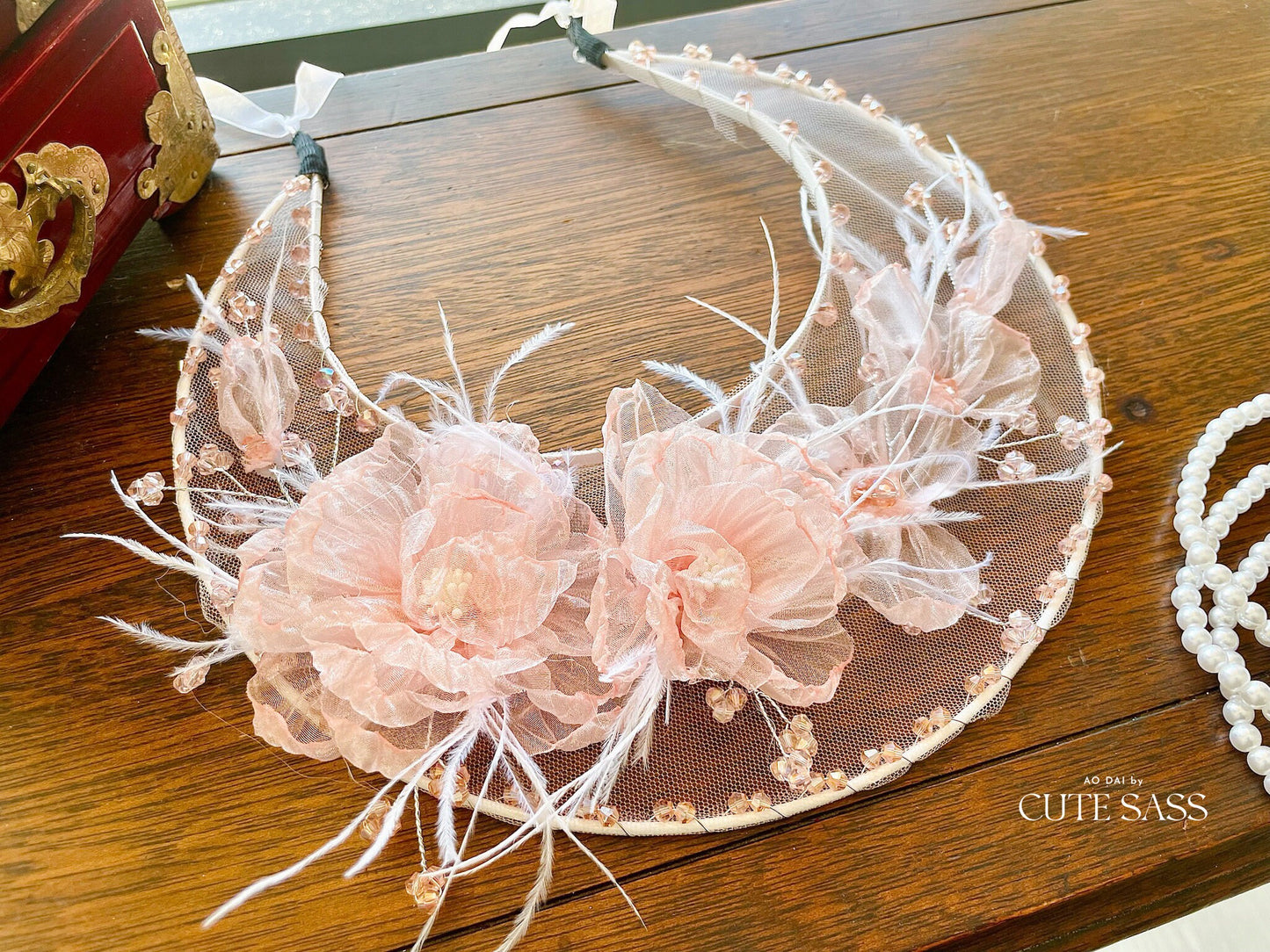 LUNA FLORA Peach Peony Feather Head Piece #4 | Vietnamese Ao Dai Accessories | Wedding Ao Dai | Bridal Ao Dai| Tet Lunar New Year Headband