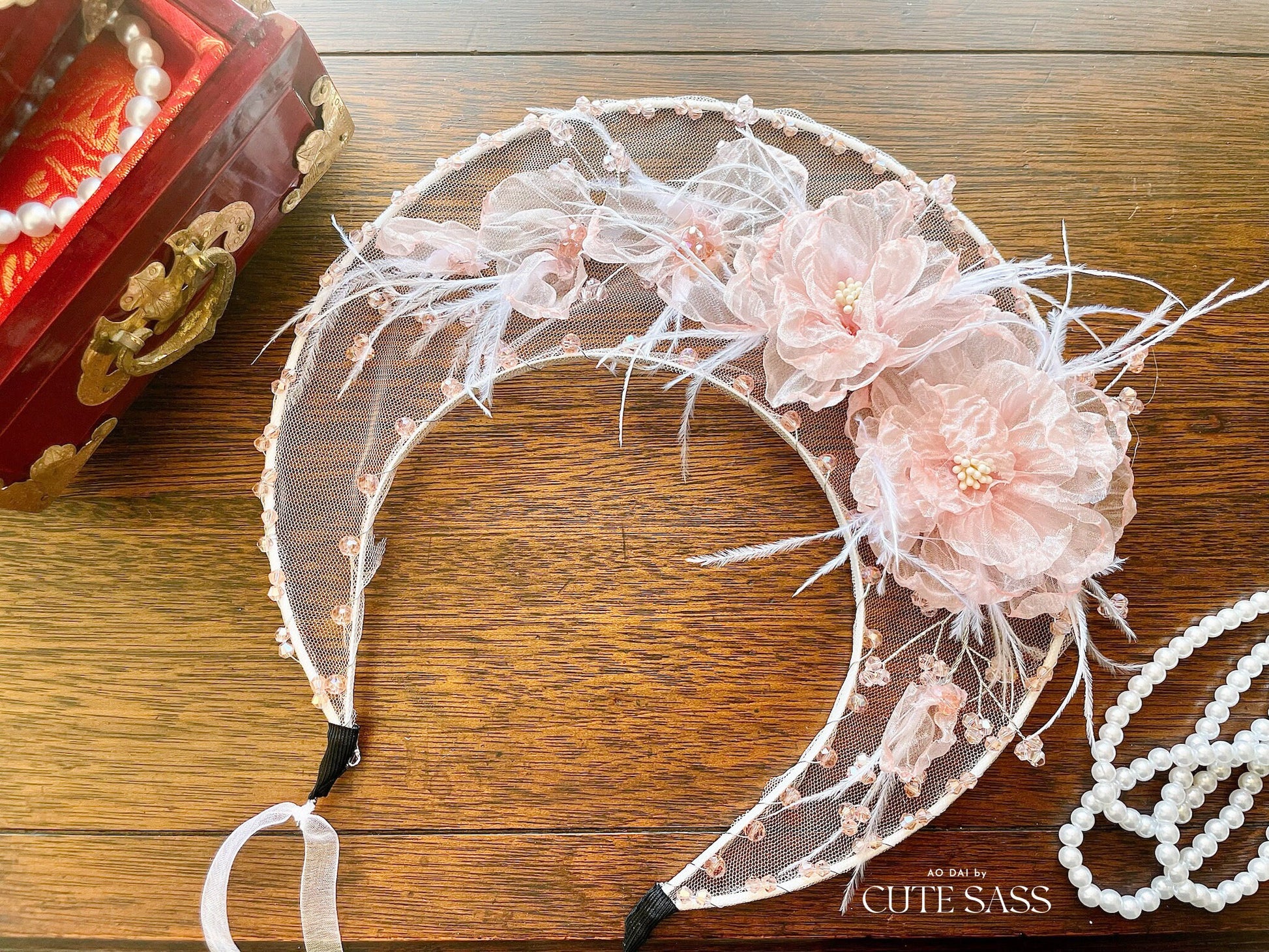 LUNA FLORA Peach Peony Feather Head Piece #4 | Vietnamese Ao Dai Accessories | Wedding Ao Dai | Bridal Ao Dai| Tet Lunar New Year Headband