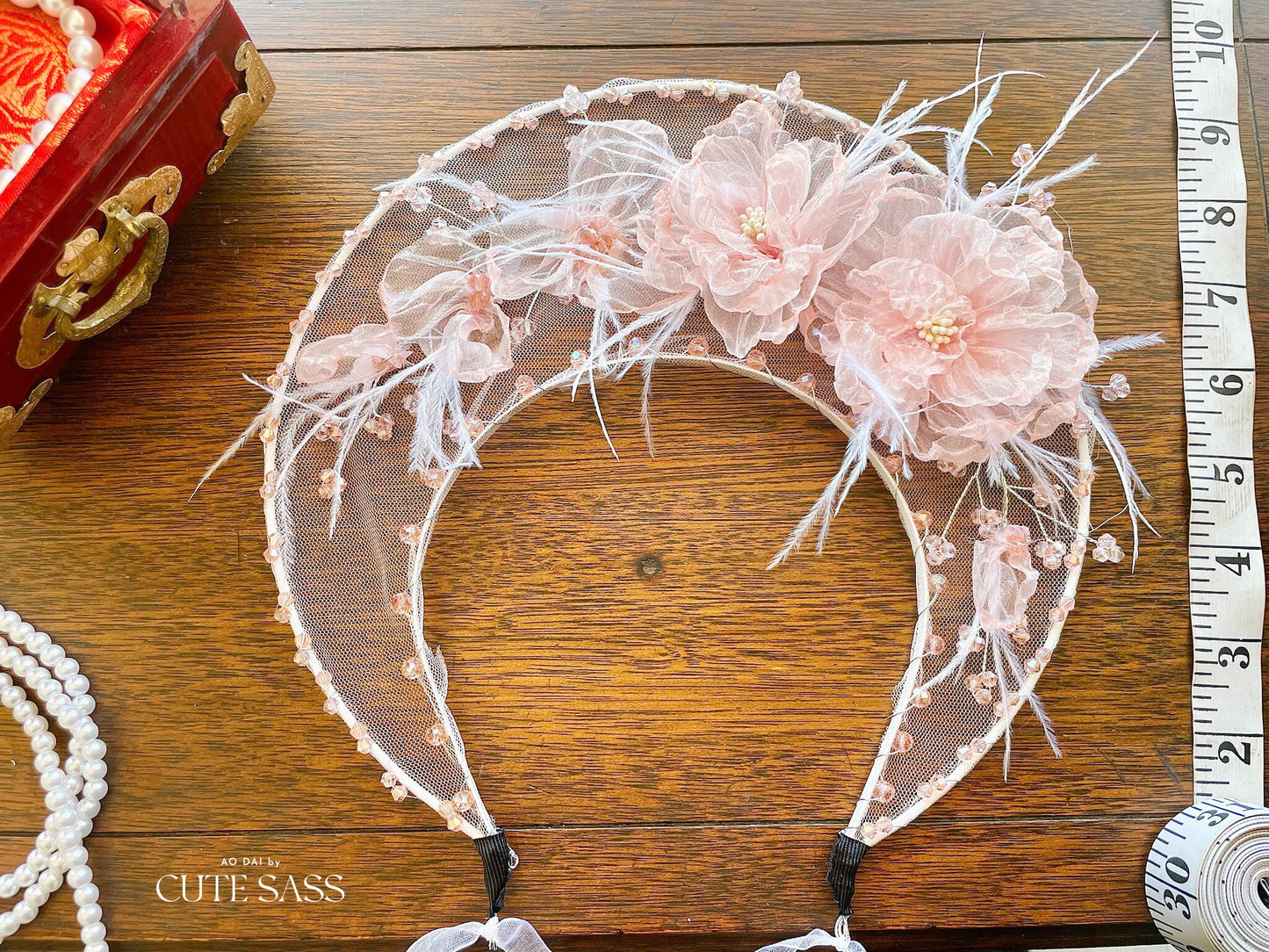 LUNA FLORA Peach Peony Feather Head Piece #4 | Vietnamese Ao Dai Accessories | Wedding Ao Dai | Bridal Ao Dai| Tet Lunar New Year Headband