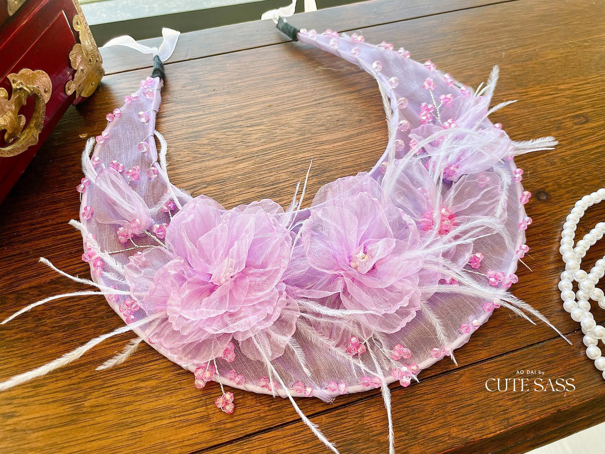 LUNA FLORA Lavender Peony Feather Head Piece #4| Vietnamese Ao Dai Accessories | Wedding Ao Dai | Bridal Ao Dai| Tet Lunar New Year Headband