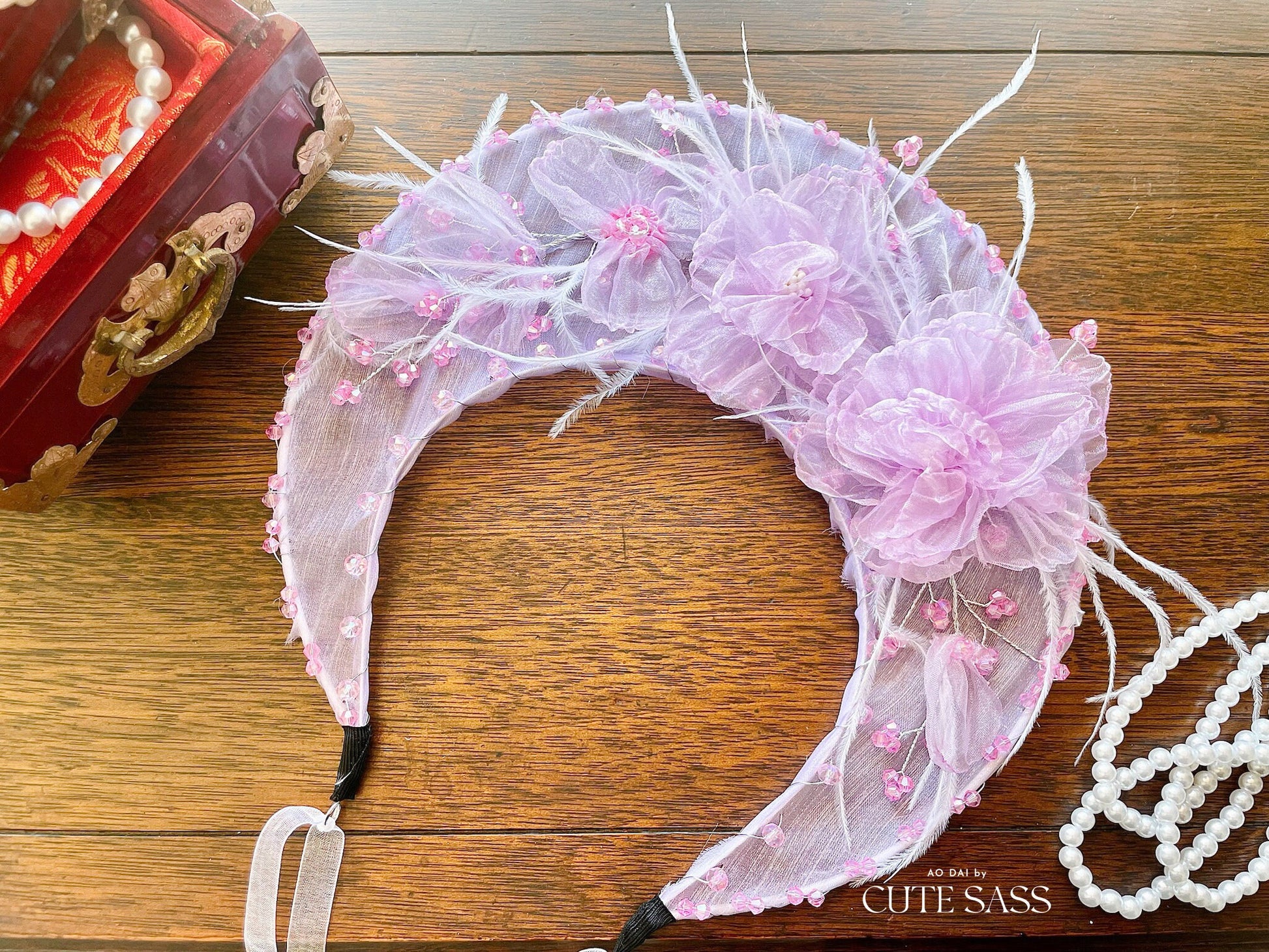 LUNA FLORA Lavender Peony Feather Head Piece #4| Vietnamese Ao Dai Accessories | Wedding Ao Dai | Bridal Ao Dai| Tet Lunar New Year Headband