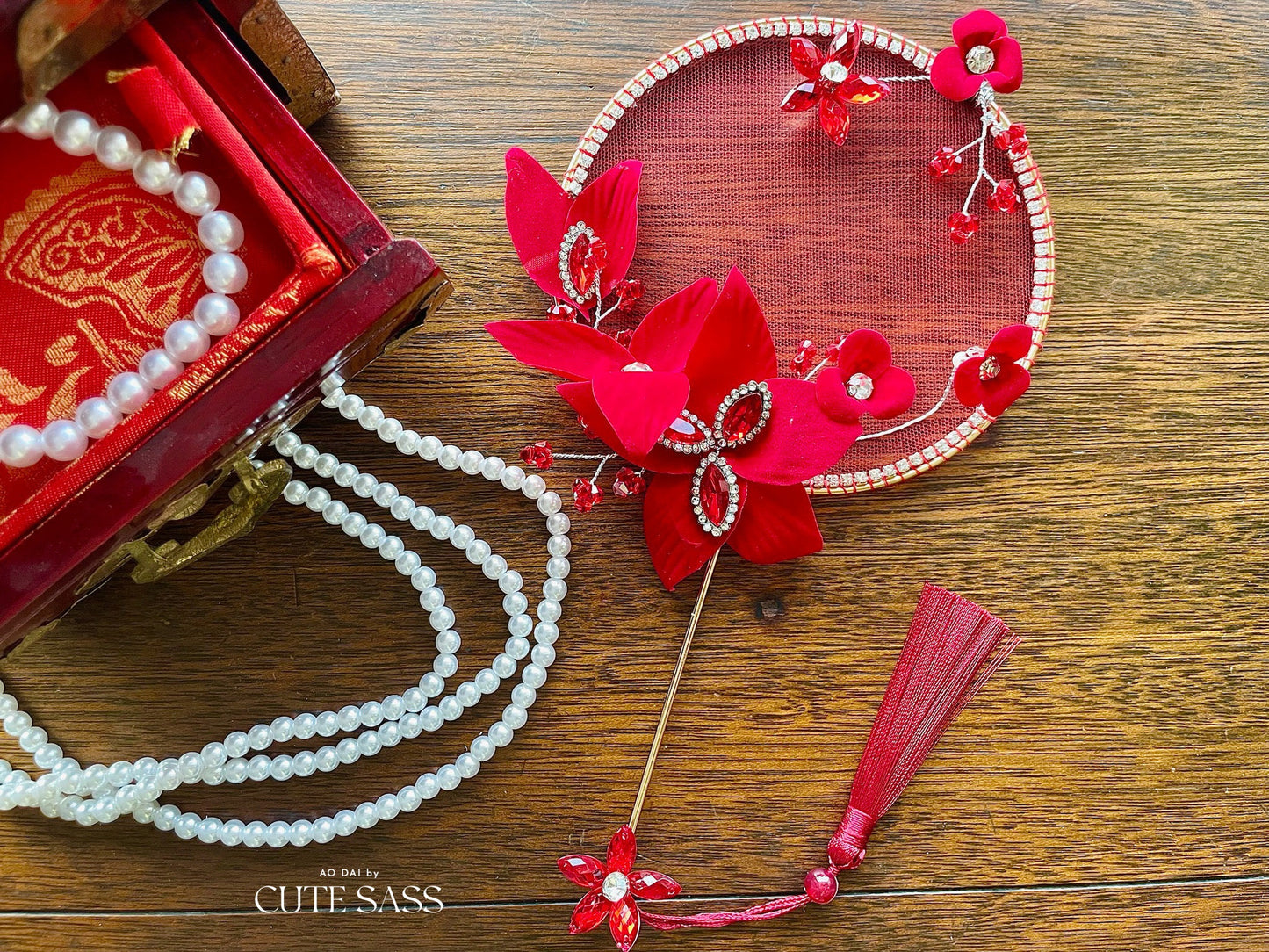 LUNA FLORA Red Jeweled Flowers Mini Fan #3| Ao Dai and Wedding Accessories | Golden Fan Accessory