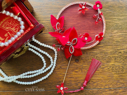 LUNA FLORA Red Jeweled Flowers Mini Fan #3| Ao Dai and Wedding Accessories | Golden Fan Accessory