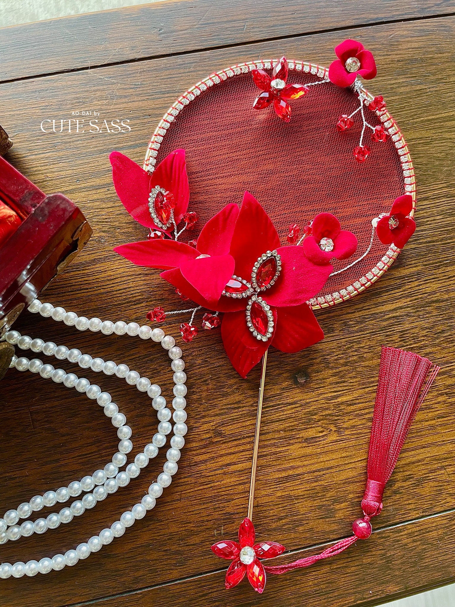 LUNA FLORA Red Jeweled Flowers Mini Fan #3| Ao Dai and Wedding Accessories | Golden Fan Accessory