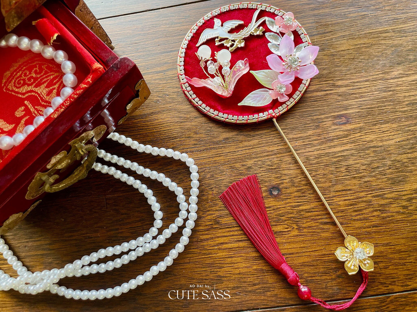 LUNA FLORA Red Velvet Garden Mini Fan Hac #2 #4| Ao Dai and Wedding Accessories | Gold Accessory Fan