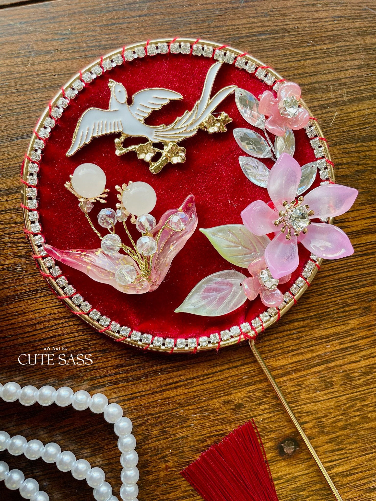 LUNA FLORA Red Velvet Garden Mini Fan Hac #2 #4| Ao Dai and Wedding Accessories | Gold Accessory Fan