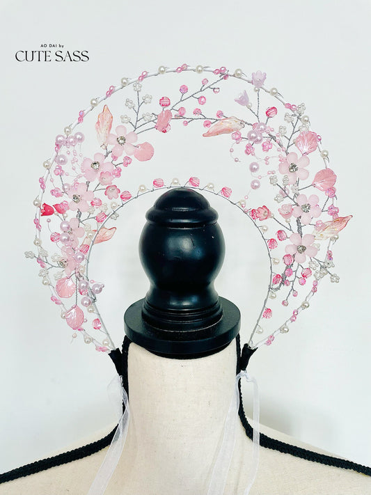 LUNA FLORA Pink Sakura Garden Head Piece #3 | Vietnamese Ao Dai Accessories | Wedding Ao Dai | Bridal Ao Dai| Tet Lunar New Year Headband