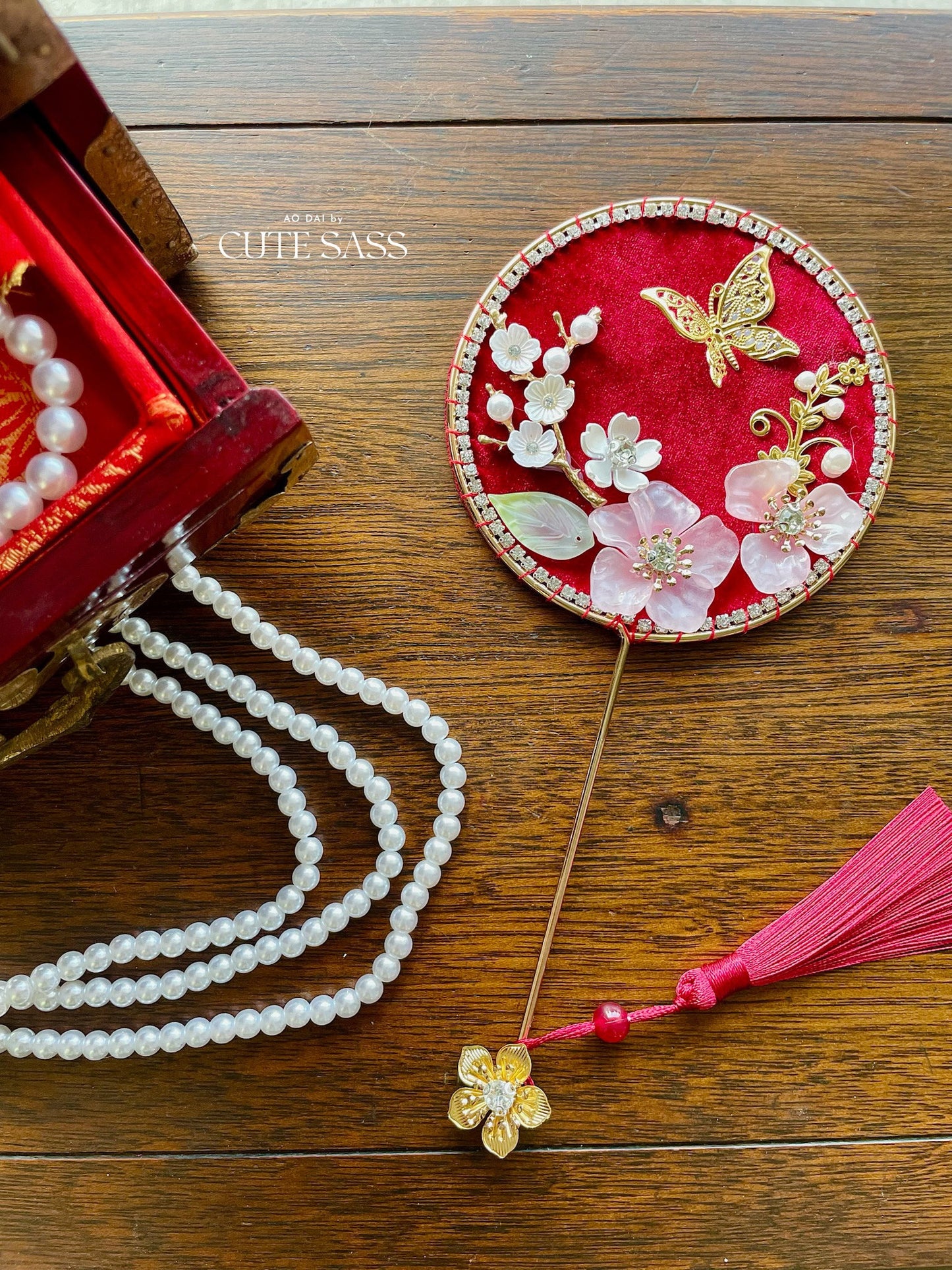 LUNA FLORA Red Velvet Garden Mini Fan Hac #2 #4| Ao Dai and Wedding Accessories | Gold Accessory Fan