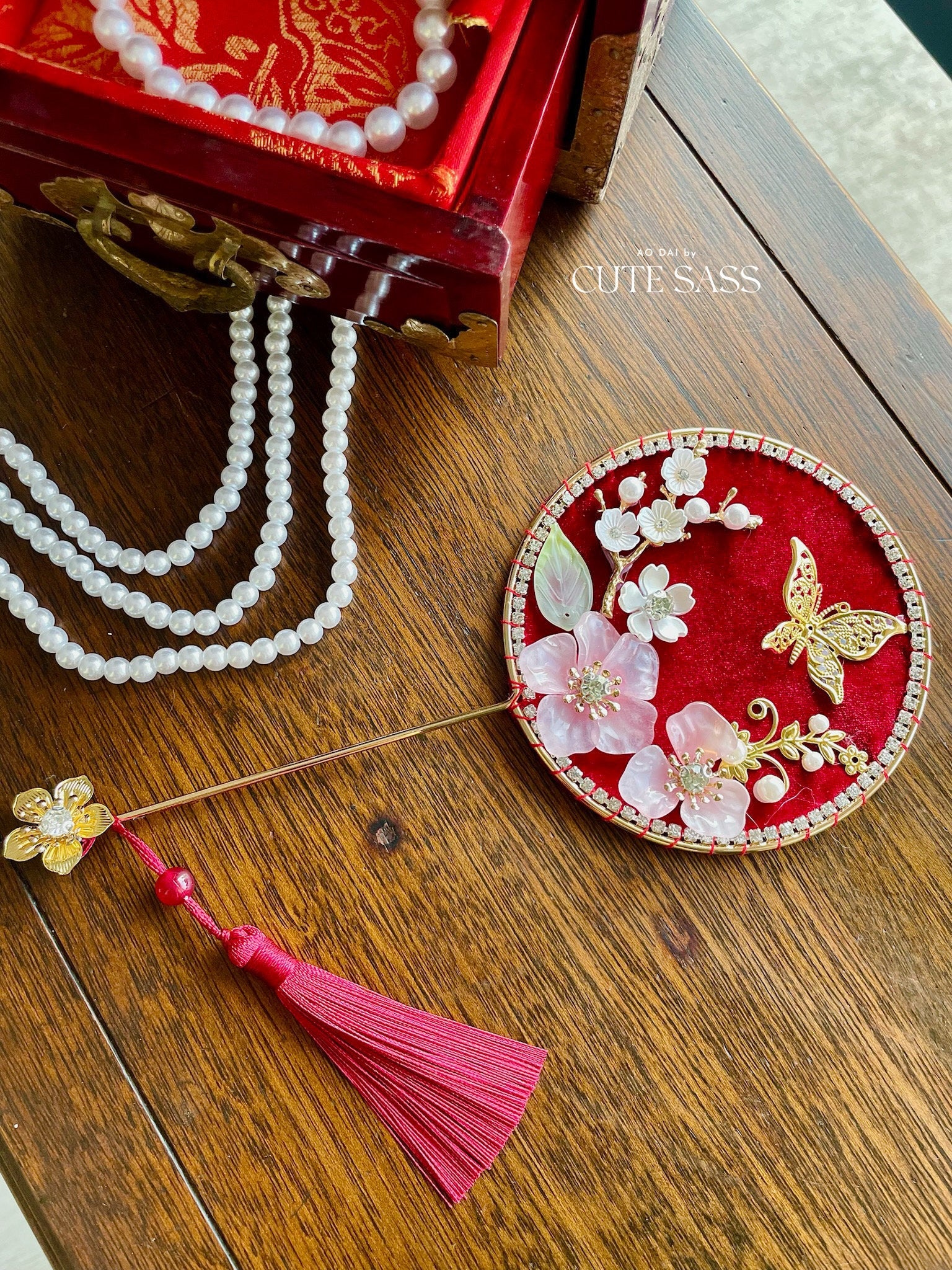 LUNA FLORA Red Velvet Garden Mini Fan Hac #2 #4| Ao Dai and Wedding Accessories | Gold Accessory Fan