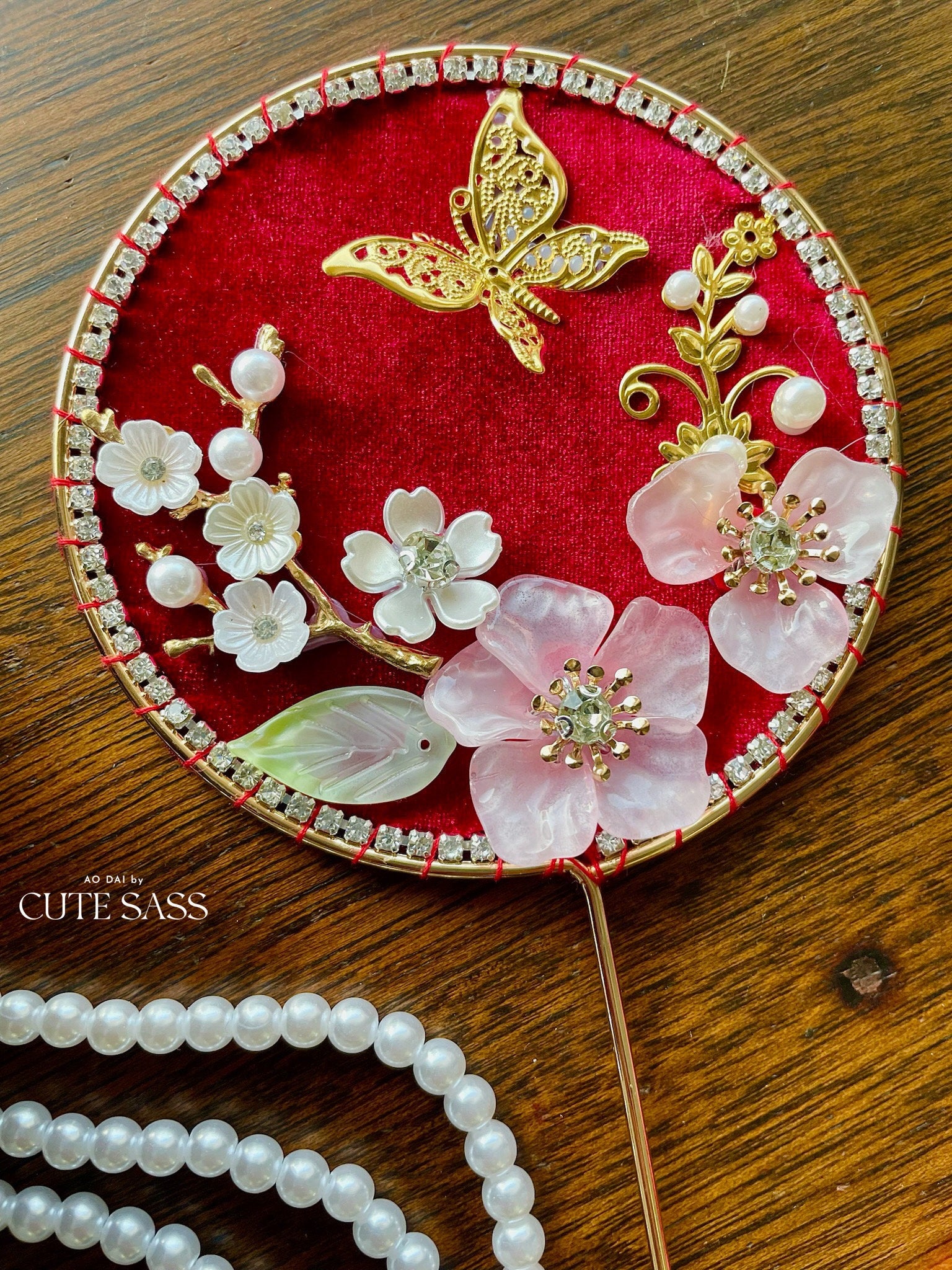 LUNA FLORA Red Velvet Garden Mini Fan Hac #2 #4| Ao Dai and Wedding Accessories | Gold Accessory Fan