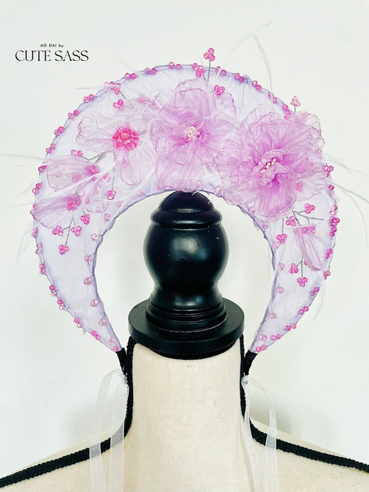 LUNA FLORA Lavender Peony Feather Head Piece #4| Vietnamese Ao Dai Accessories | Wedding Ao Dai | Bridal Ao Dai| Tet Lunar New Year Headband