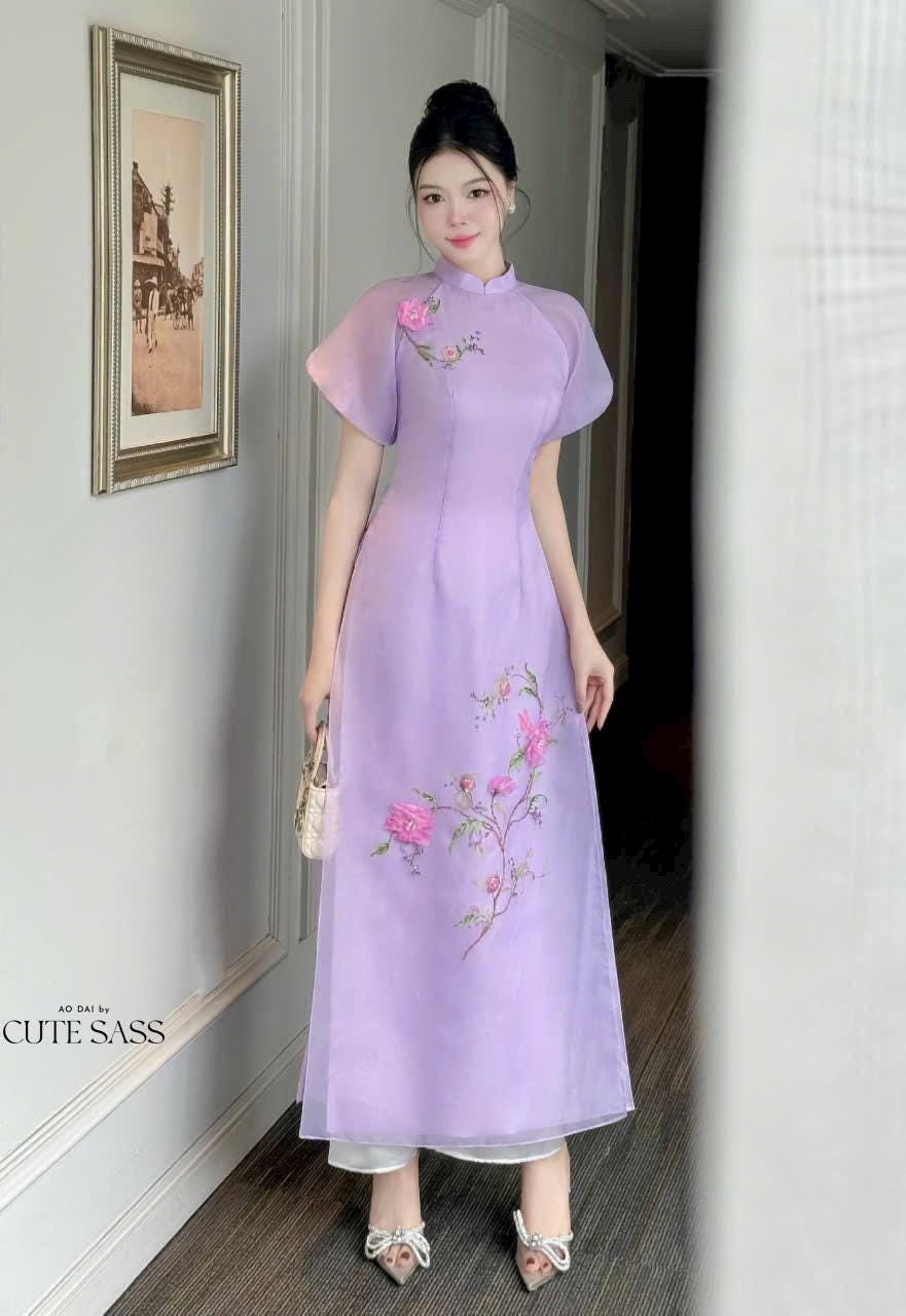 Purple Short Sleeves 3D Branches Ao Dai Set | Pre-made Modernized Vietnamese Ao Dai | Ao Dai Viet Nam | Lunar New Year | Ao Dai Cach Tan|25D