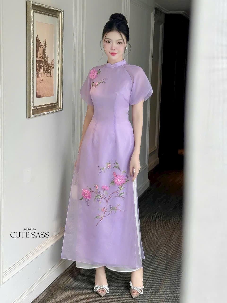 Purple Short Sleeves 3D Branches Ao Dai Set | Pre-made Modernized Vietnamese Ao Dai | Ao Dai Viet Nam | Lunar New Year | Ao Dai Cach Tan|25D