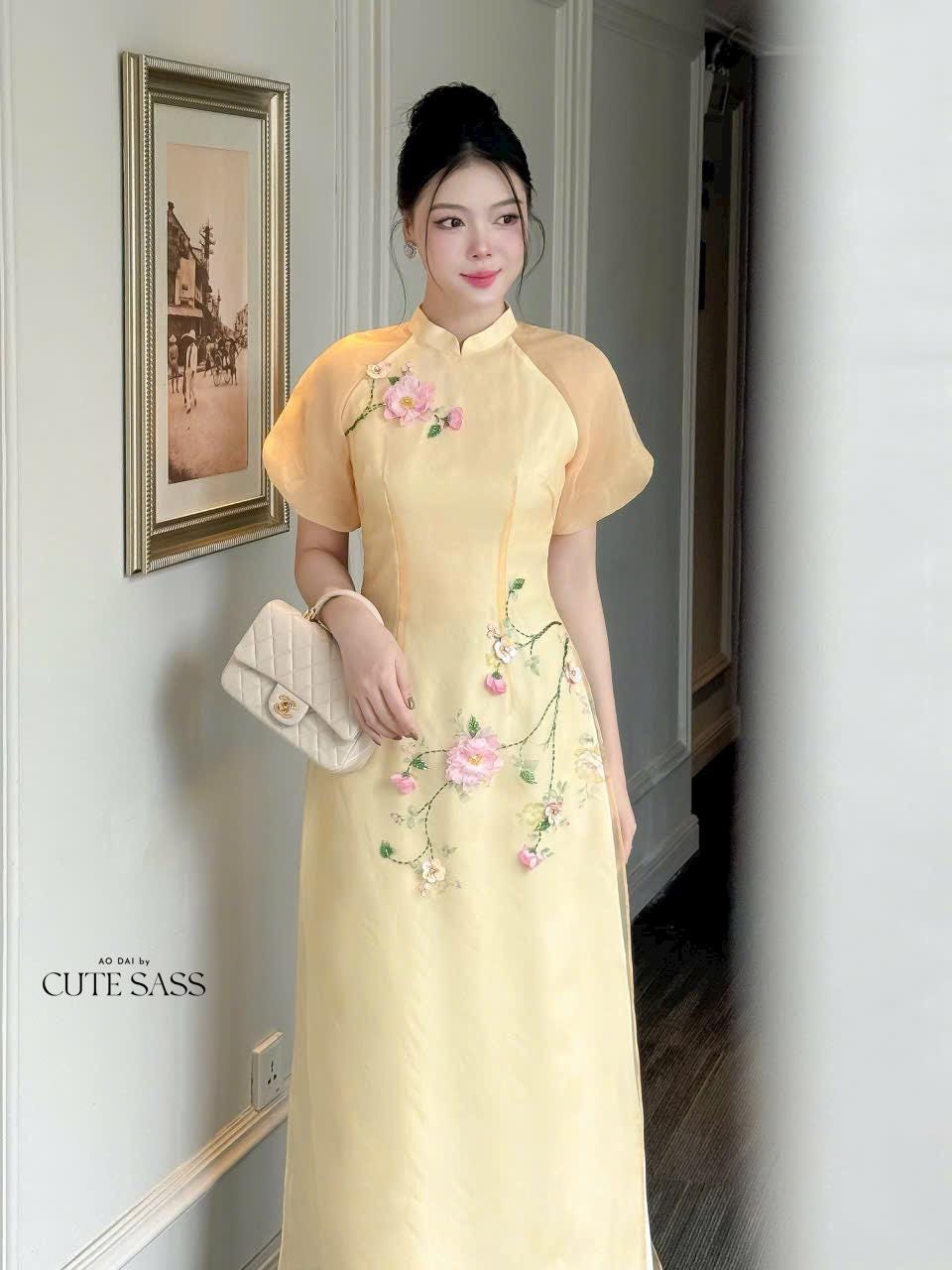 Yellow Short Sleeves 3D Branches Ao Dai Set 26C| Pre-made Modernized Vietnamese Ao Dai | Ao Dai Viet Nam | Lunar New Year | Ao Dai Cach Tan