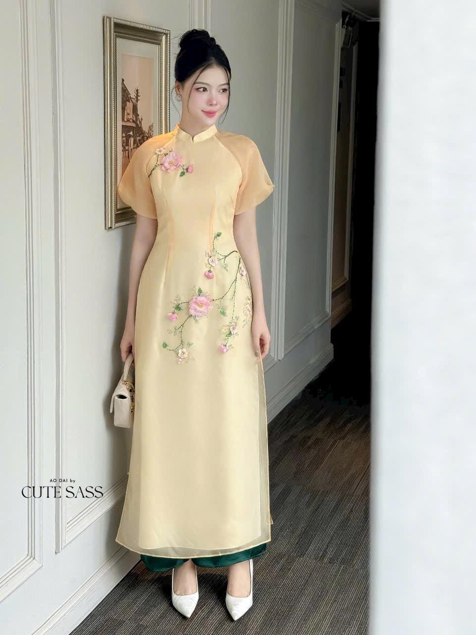 Yellow Short Sleeves 3D Branches Ao Dai Set 26C| Pre-made Modernized Vietnamese Ao Dai | Ao Dai Viet Nam | Lunar New Year | Ao Dai Cach Tan