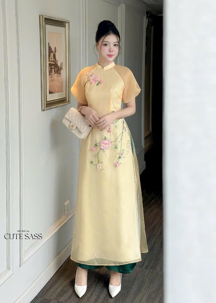 Yellow Short Sleeves 3D Branches Ao Dai Set 26C| Pre-made Modernized Vietnamese Ao Dai | Ao Dai Viet Nam | Lunar New Year | Ao Dai Cach Tan