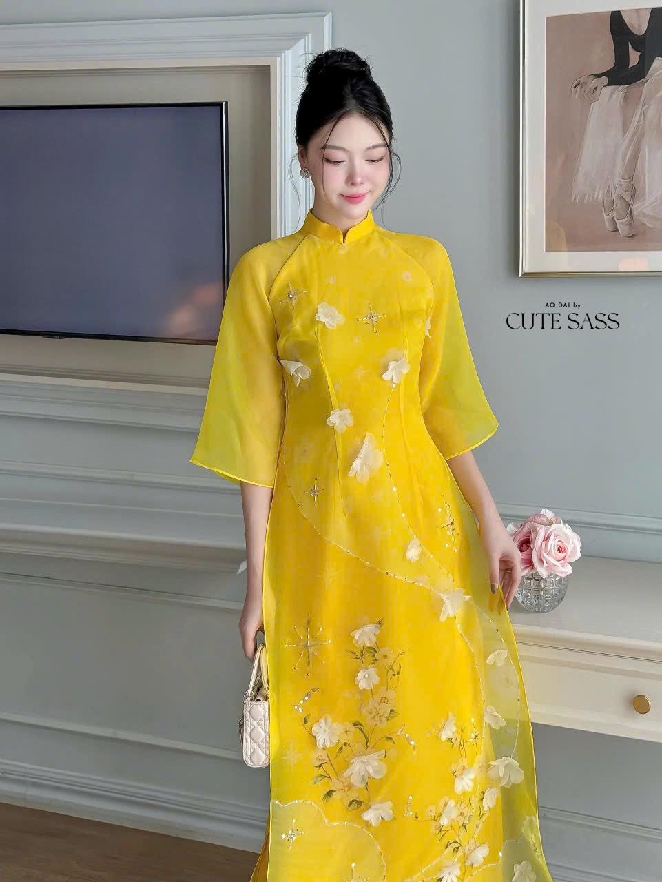 Yellow Mai 3D Branches Ao Dai Set | Pre-made Modernized Vietnamese Ao Dai| Women Ao Dai with Pants| Lunar New Year| Ao Dai Cach Tan