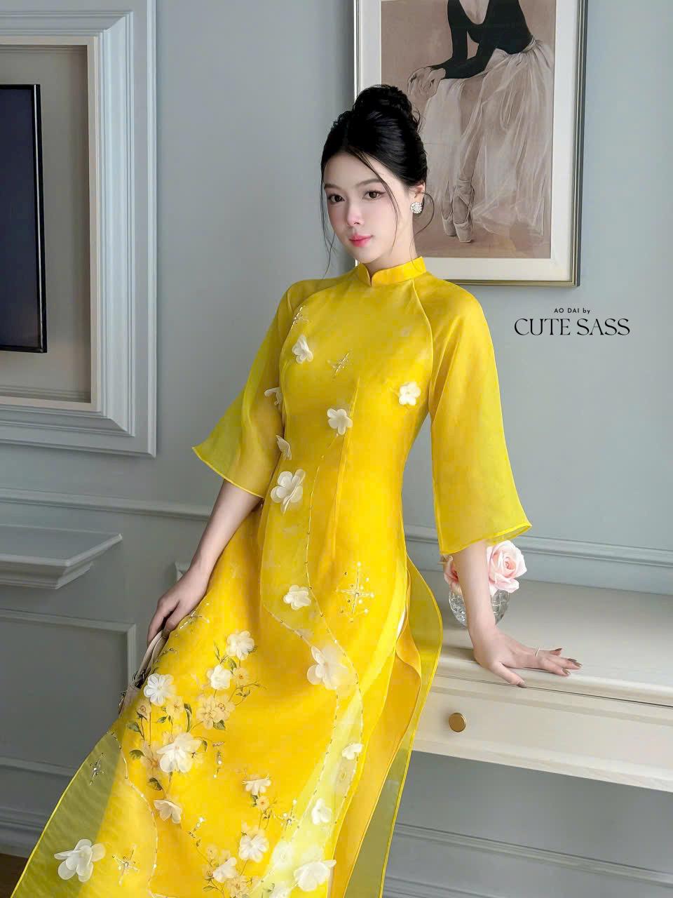 Yellow Mai 3D Branches Ao Dai Set | Pre-made Modernized Vietnamese Ao Dai| Women Ao Dai with Pants| Lunar New Year| Ao Dai Cach Tan