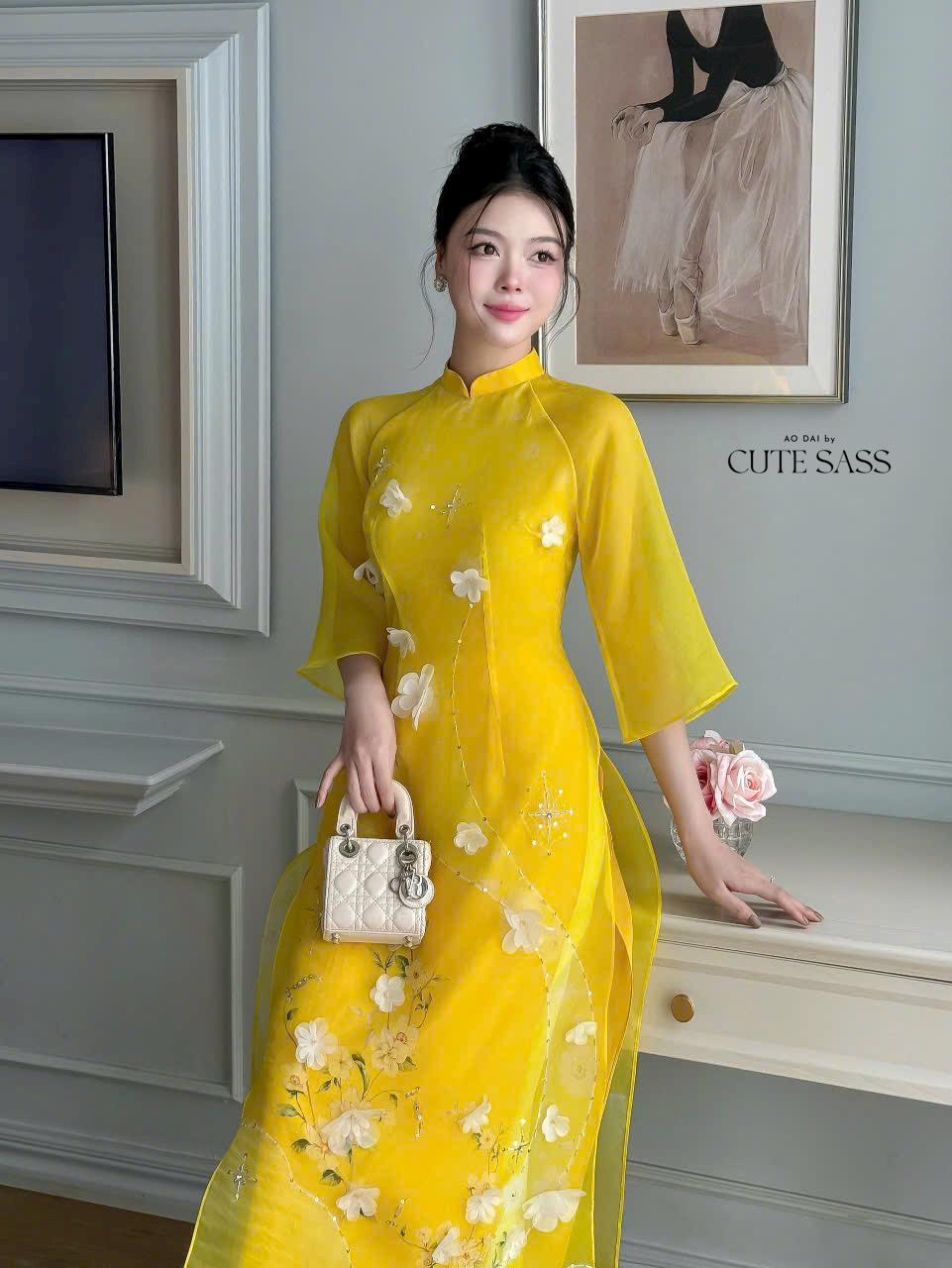 Yellow Mai 3D Branches Ao Dai Set | Pre-made Modernized Vietnamese Ao Dai| Women Ao Dai with Pants| Lunar New Year| Ao Dai Cach Tan