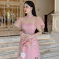 Pink Ruffle Sleeves Branches Ao Dai Set | Pre-made Modernized Vietnamese Ao Dai| Women Ao Dai with Pants| Lunar New Year| Ao Dai Cach Tan