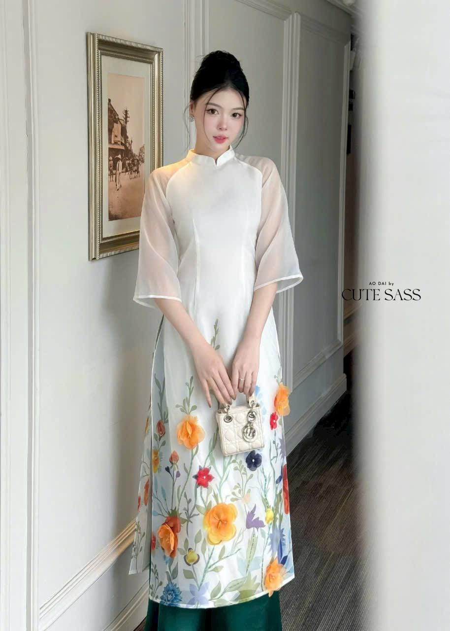 White Flower Garden Field Ao Dai Set | Pre-made Modernized Vietnamese with Pants| Lunar New Year| Ao Dai Cach Tan