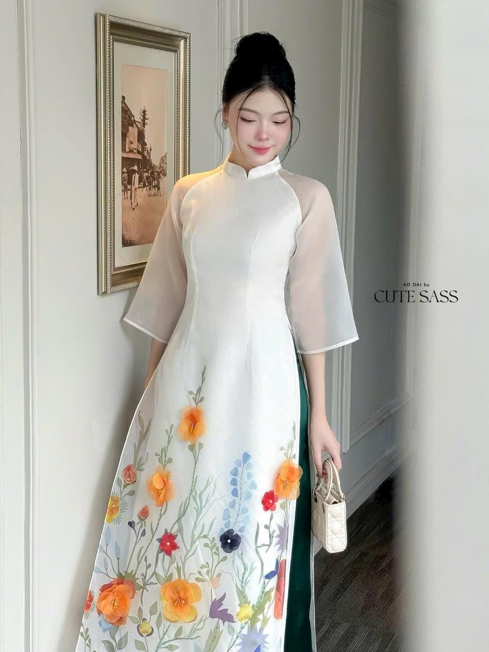 White Flower Garden Field Ao Dai Set | Pre-made Modernized Vietnamese with Pants| Lunar New Year| Ao Dai Cach Tan