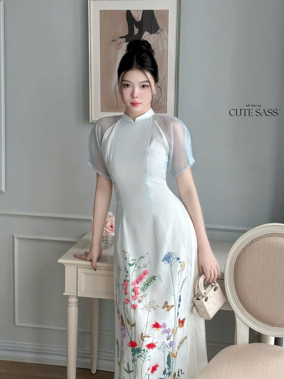 Light Blue Short Sleeves Flower Garden Field Ao Dai Set