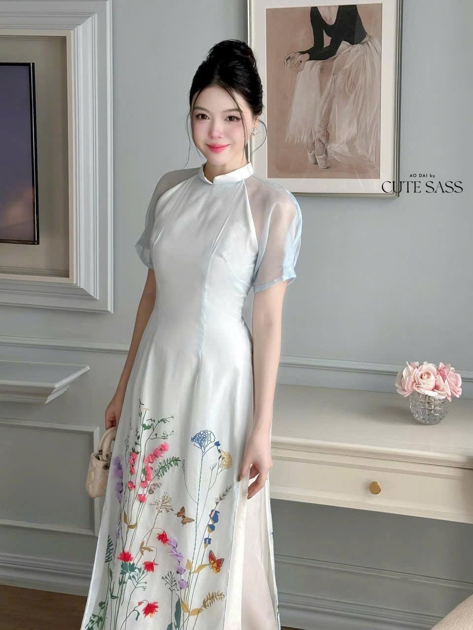 Light Blue Short Sleeves Flower Garden Field Ao Dai Set